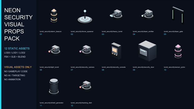Neon Security Visual Props Pack - 12 Static Sci-Fi Assets