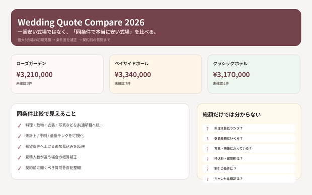Wedding Quote Compare 2026｜結婚式場の見積を同条件で比較する契約前チェックツール