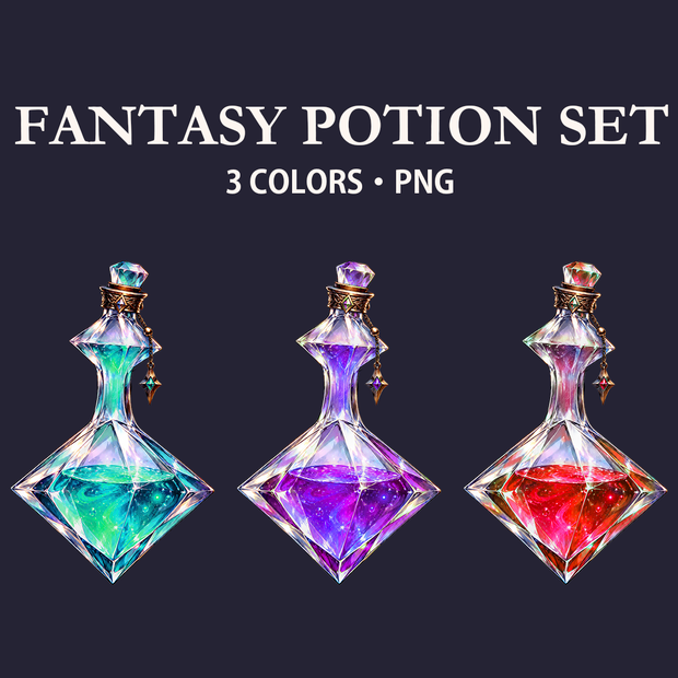 【PNG素材】ファンタジーポーション 3色セット｜Fantasy Potion Set