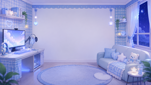【動く配信背景】水色ギンガムチェックのかわいいゲーム部屋｜VTuber・配信者向けループ素材
