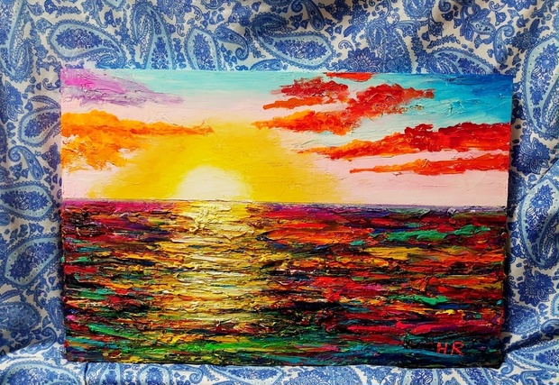 油絵 絵画 夕日の海【Ａ3】-