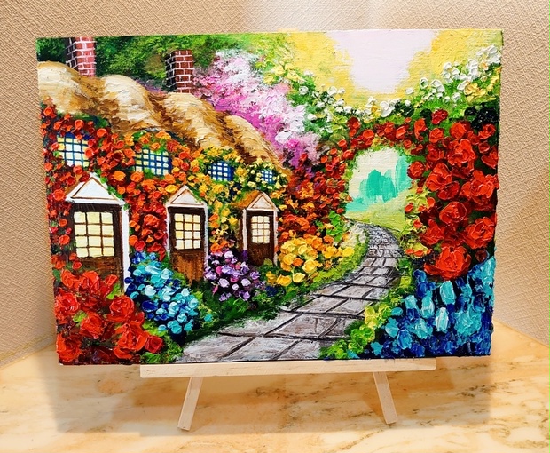 油絵 花の住宅【F4号木製】