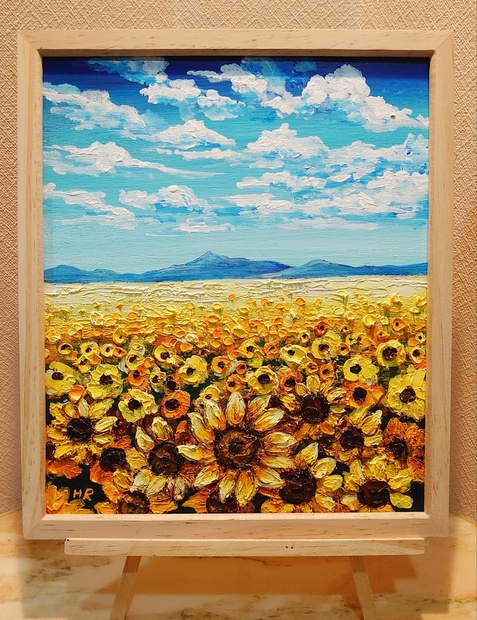 絵画 油絵 田村隆枝 肉筆油絵 抽象画 太陽の花 ひまわり - 美術品