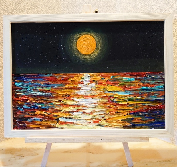 1646様感謝‼️真筆 絵画 油絵 「真昼の月と太陽」画家署名K Hirano 