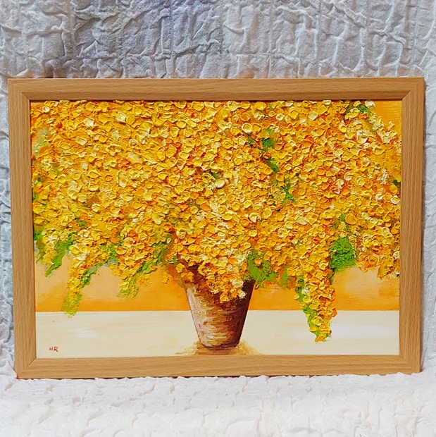 油絵 絵画 【青空に咲くミモザ】