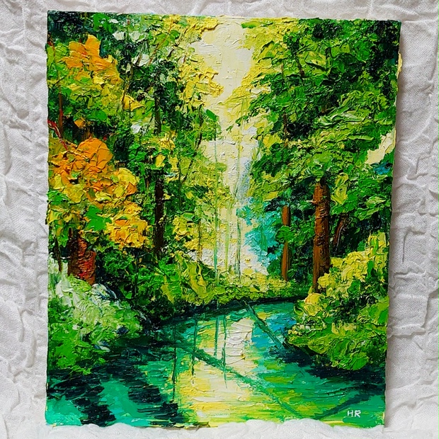 絵画 油絵 P8 静寂な湖に写る森 - 絵画