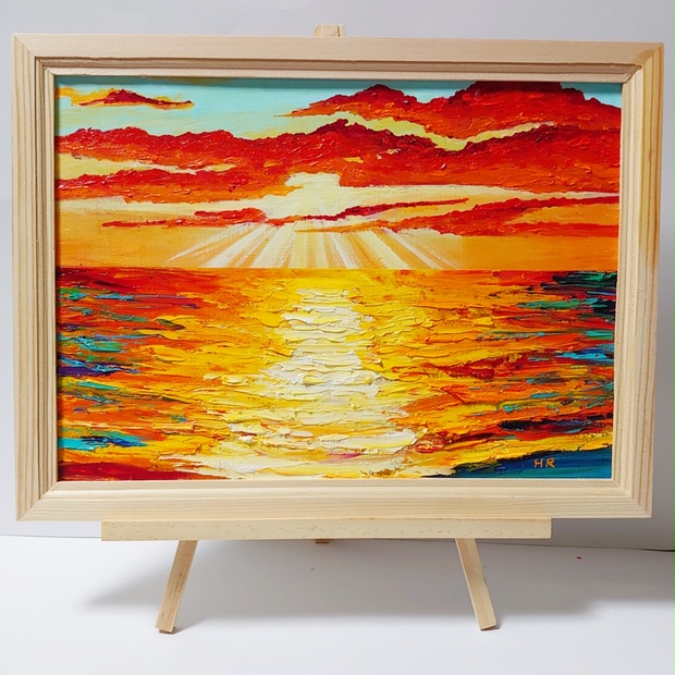 油絵 絵画【夕日の海】-