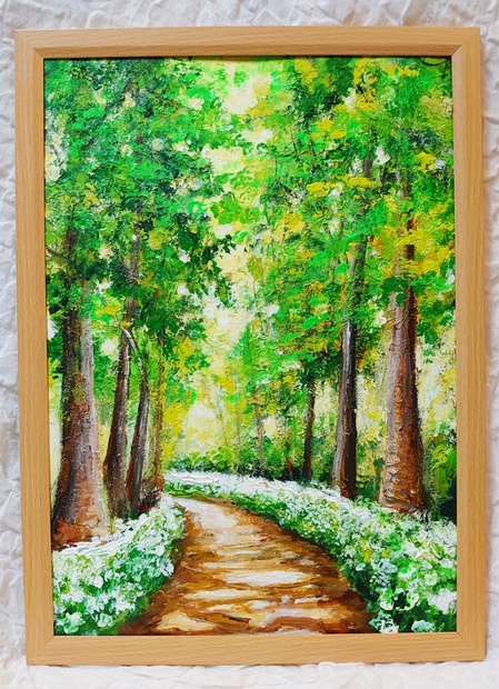 油絵 絵画 森の白い花道