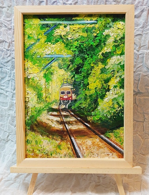 コット型油絵 油彩 油彩画 絵画【石神の菜の花畑を走る鉄道】 絵画