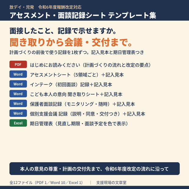 放デイ・児発 アセスメント・面談記録シート テンプレート集｜アセスメント・初回面談・本人の意向・保護者面談・個別支援会議の記録＋期日管理表（令和6年度報酬改定対応）