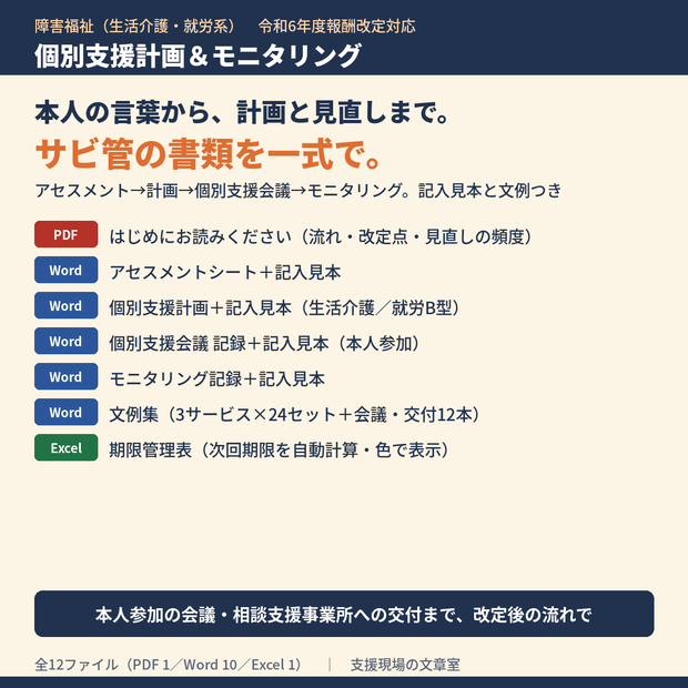 障害福祉 生活介護・就労系 個別支援計画＆モニタリング テンプレート集｜アセスメント・計画・個別支援会議・モニタリングの記入見本と文例・期限管理Excel（令和6年度報酬改定対応）