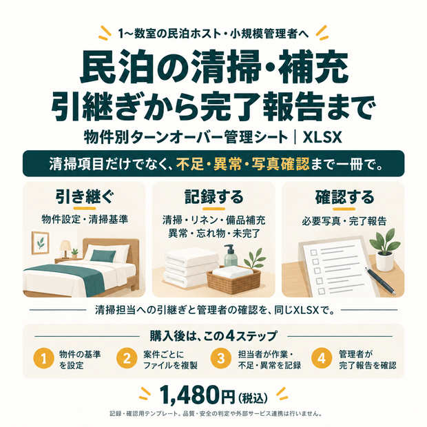 民泊｜物件別ターンオーバー清掃・補充・異常報告シート【XLSX】
