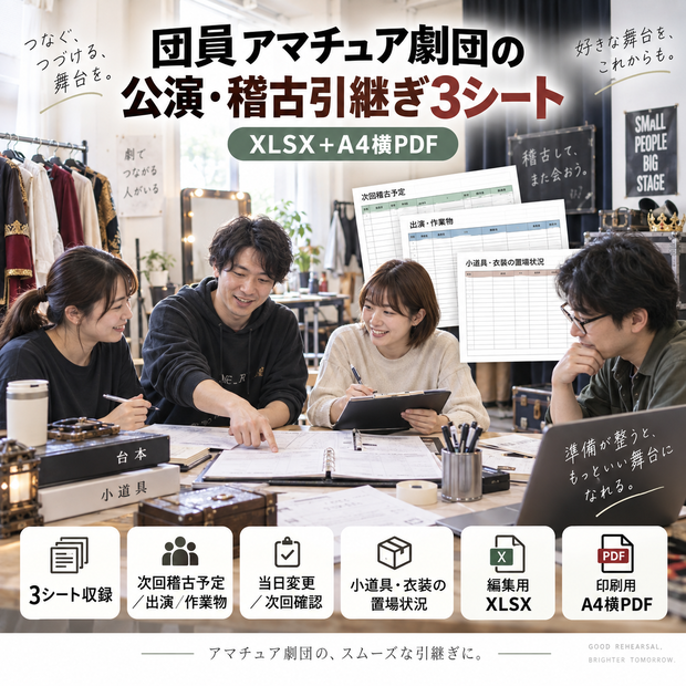 団員アマチュア劇団の公演・稽古引継ぎ3シート｜XLSX＋A4横PDF