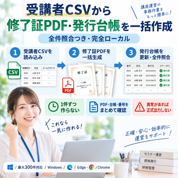 受講者CSVから修了証PDF・発行台帳を一括作成｜全件照合つき・完全ローカル