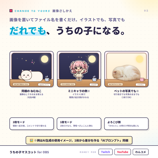 【OBSに置くだけ】うちの子マスコット｜あなたのキャラ・ペットがコメントに気づいて可愛く反応/配信で簡単なキャラが欲しい方に（画像1枚からOK・ねこ同梱／Twitch・わんコメ対応）