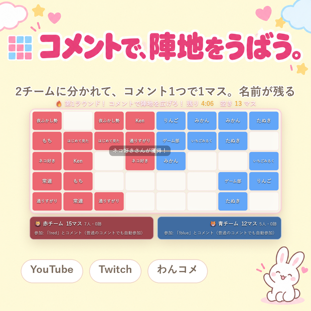 【OBSに置くだけ】コメント陣取り｜視聴者が2チームでマスをとり合う参加型ゲーム for 配信（Twitch/わんコメ対応）