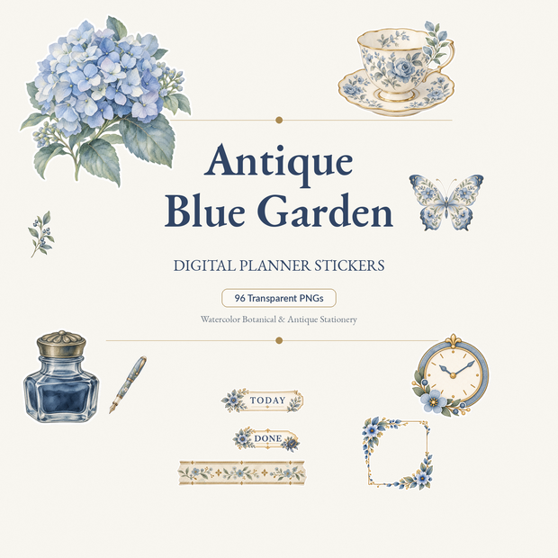Antique Blue Garden｜水彩ボタニカル＆アンティーク デジタルプランナーステッカー96点【背景透過PNG】