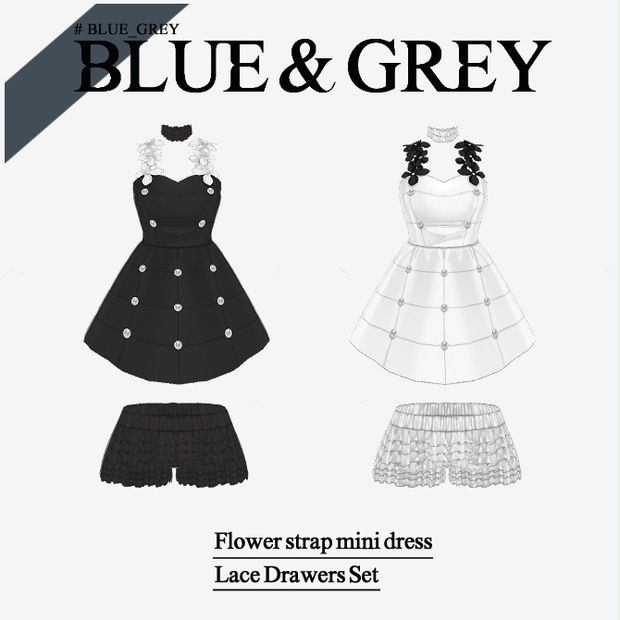 【2 color】Flower-strap mini dress【VRoid 衣装】 - BLUE &amp; GREY - BOOTH