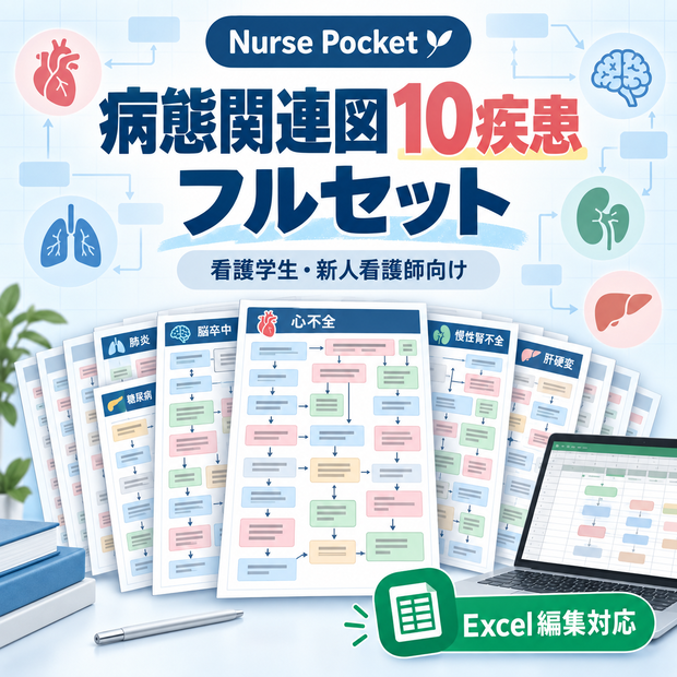 【公開記念価格】看護学生・新人看護師向け｜病態関連図10疾患フルセット｜観察・アセスメント付きExcel