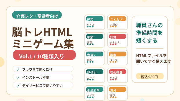 介護レクですぐ使える 脳トレHTMLミニゲーム集 Vol.1　脳トレ基本編
