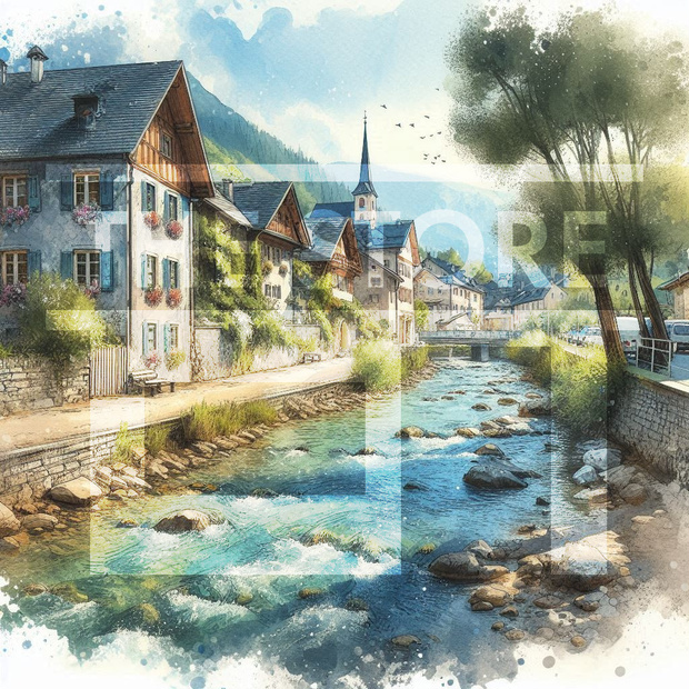 【イラスト素材】川沿いの町