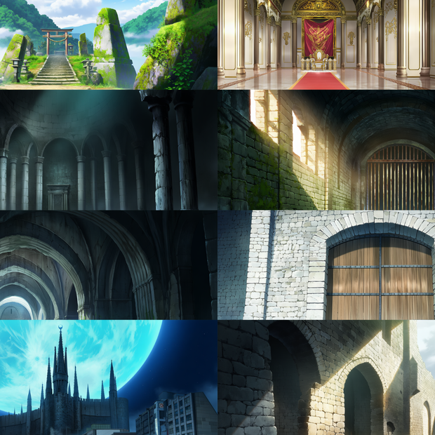 【背景素材8枚】ファンタジー城塞背景集｜王宮・城門・地下牢・廃教会・山の社跡