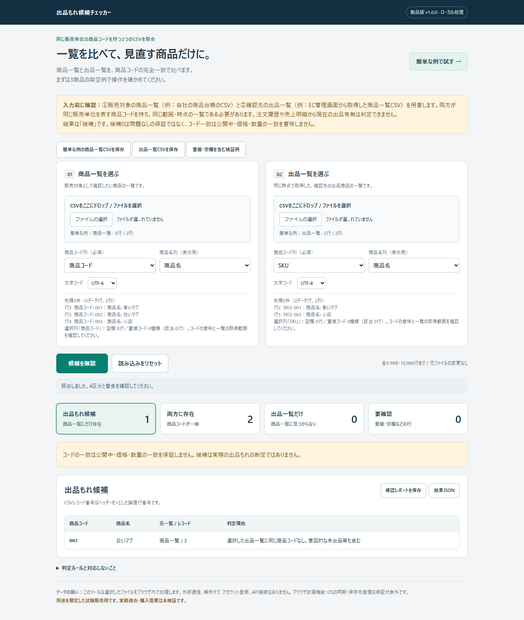 出品もれ候補チェッカー｜2つの商品CSVをコードで照合