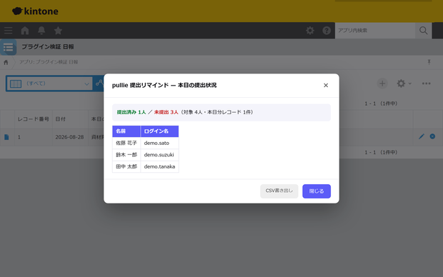 pullie 提出リマインド｜kintone対応 日報・週報の未提出者を1クリック表示