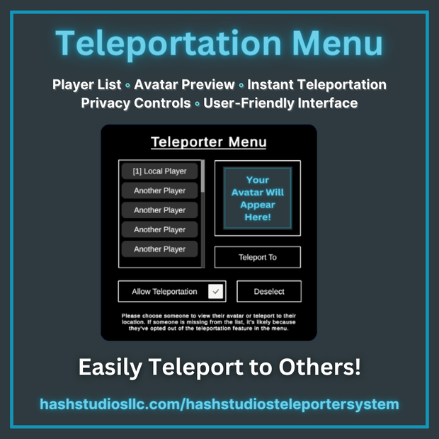 Hash Studios Teleporter System / ハッシュスタジオの転送システム [UdonSharp] [SDK3] 