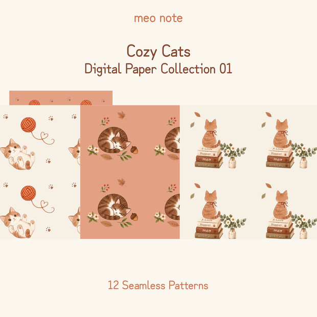 猫のシームレスデジタルペーパー｜Cozy Cats Collection 01