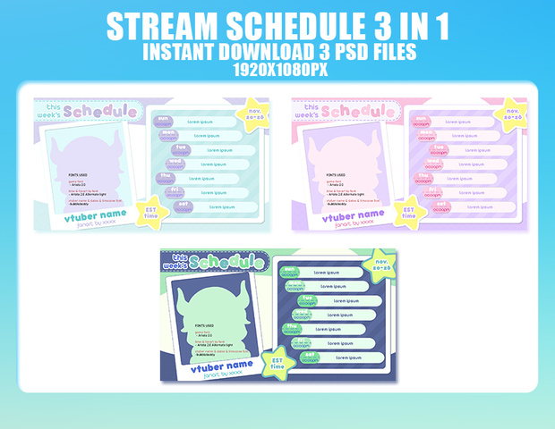 Green Violet Orange Pink Blue Stream Schedule Template for Vtuber 3 in 1 bundle.