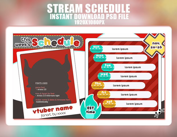 Red Black Vtuber Stream Schedule, Layout, Template, Anime スケジュール レイアウト