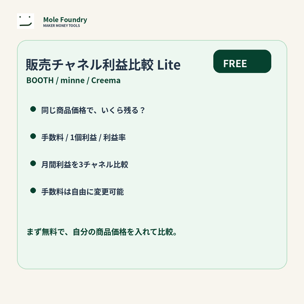 【無料】販売チャネル利益比較 Lite｜BOOTH・minne・Creemaの手取り比較【Excel】