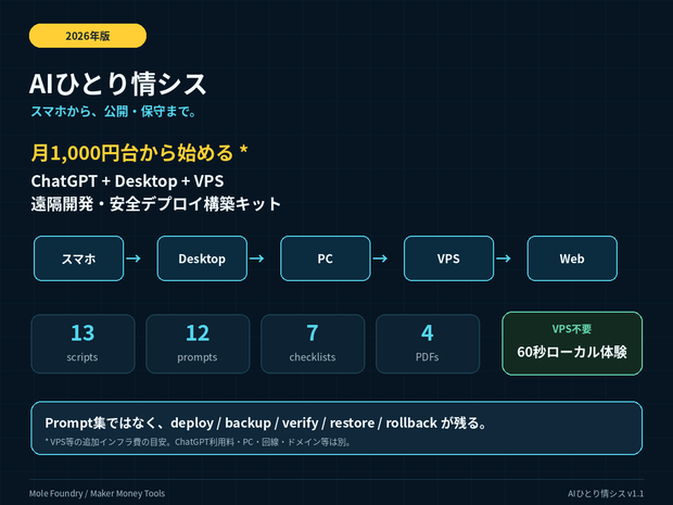AIひとり情シス｜スマホ→PC→VPS 遠隔開発・自動デプロイ構築キット【2026年版】
