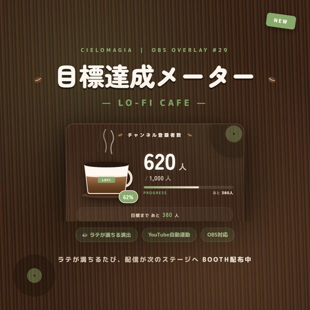 【OBS素材】目標達成メーター Lo-fi Cafe ☕ / チャンネル登録者を自動取得 / ラテが満ちる演出