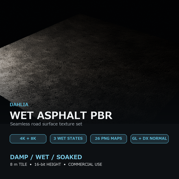 【4K/8K・3状態】Dahlia Wet Asphalt PBR｜シームレス濡れアスファルト素材