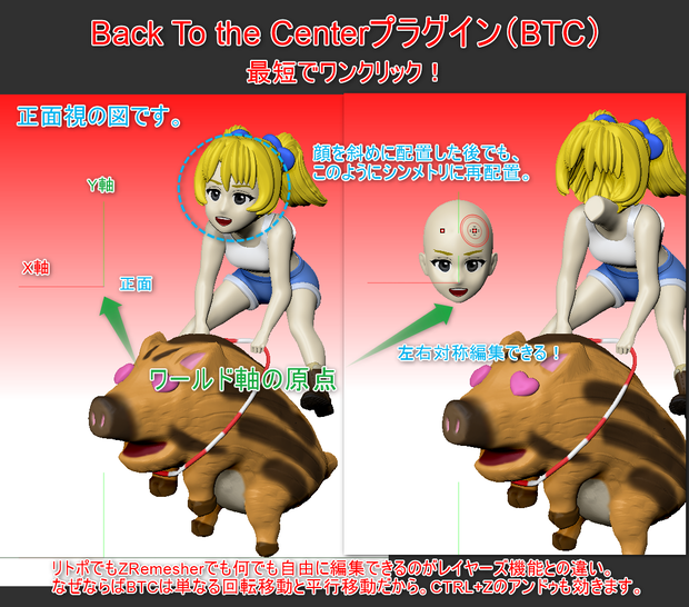 Zbrush用プラグイン「Back To the Center」（斜め配置したパーツを最短ワンクリックで左右対称編集）
