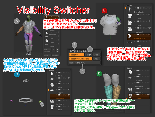 Zbrush用プラグイン「Visibility Switcher」（全ての目玉アイコンをワンクリックで一気に復元）