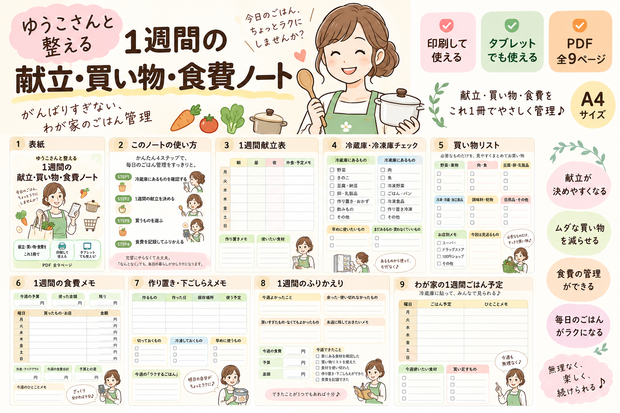 【PDF・全9ページ】ゆうこさんと整える 1週間の献立・買い物・食費ノート｜印刷・タブレット対応