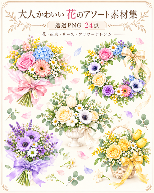 大人かわいい 花のアソート素材集｜透過PNG 24点