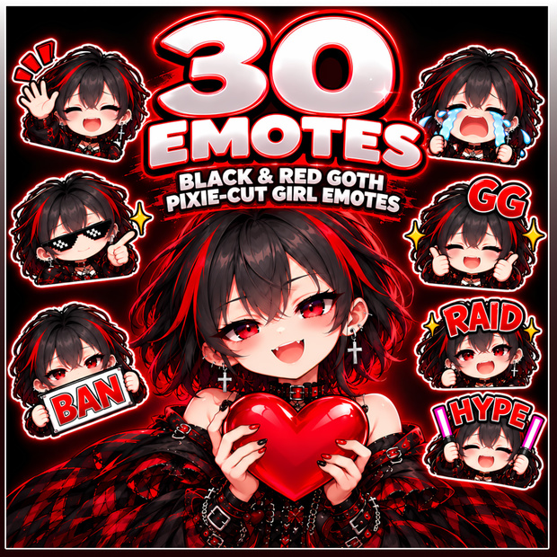 【30種】黒赤ゴシックのショートヘア少女 Twitchスタンプ・Discord絵文字｜Black & Red Goth Pixie-Cut Girl Emotes