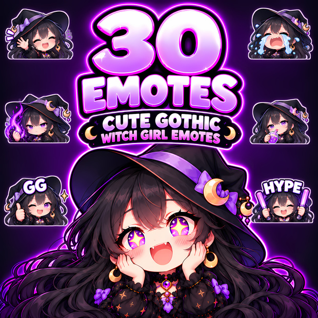 ゴシック魔女の女の子 スタンプ30種｜Twitch・配信素材｜Cute Gothic Witch Girl Emotes