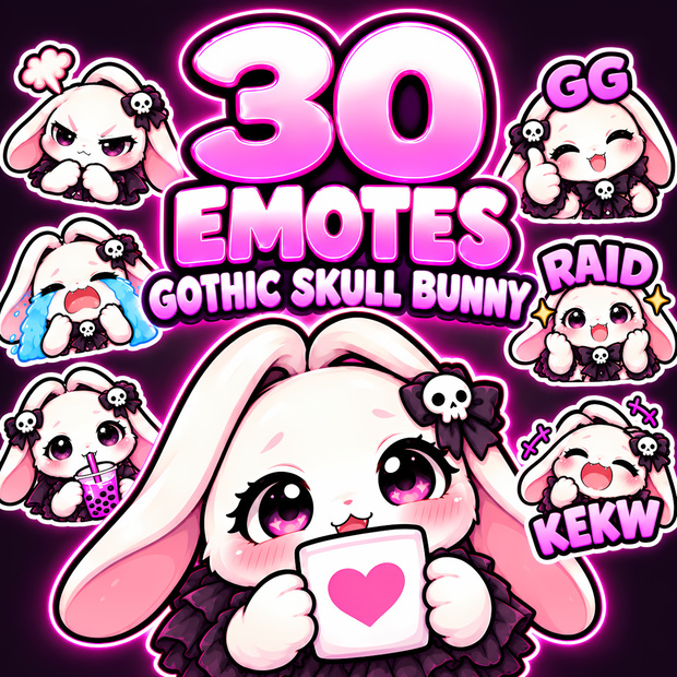 【30種】ゴシックなスカルうさぎのTwitchスタンプ・Discord絵文字｜ダークかわいい配信素材、YouTubeメンバーシップ絵文字にも｜Gothic Skull Bunny Emotes