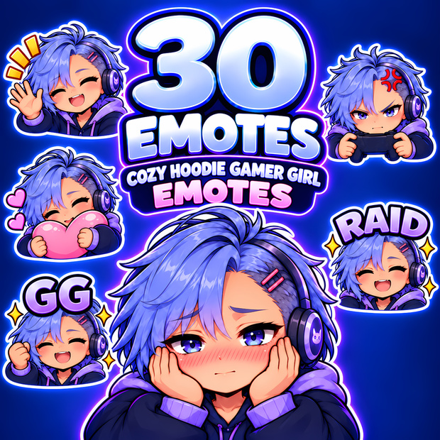 ラベンダーのパーカーゲーマー女子スタンプ30種｜Twitch配信・YouTube・Discord向けアニメ絵文字 | 30 Cozy Hoodie Gamer Girl Emotes for Twitch, YouTube & Discord