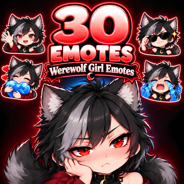 人狼少女エモート30種｜狼耳のちびキャラ・アニメ風Twitchスタンプ、Discord・YouTube絵文字 配信素材 | Werewolf Girl Emotes, 30 Chibi Anime PNGs