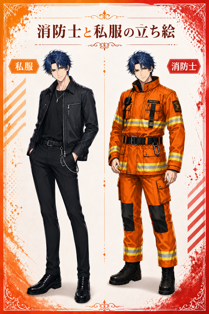 【立ち絵素材】消防士＆青髪クール系カジュアル私服