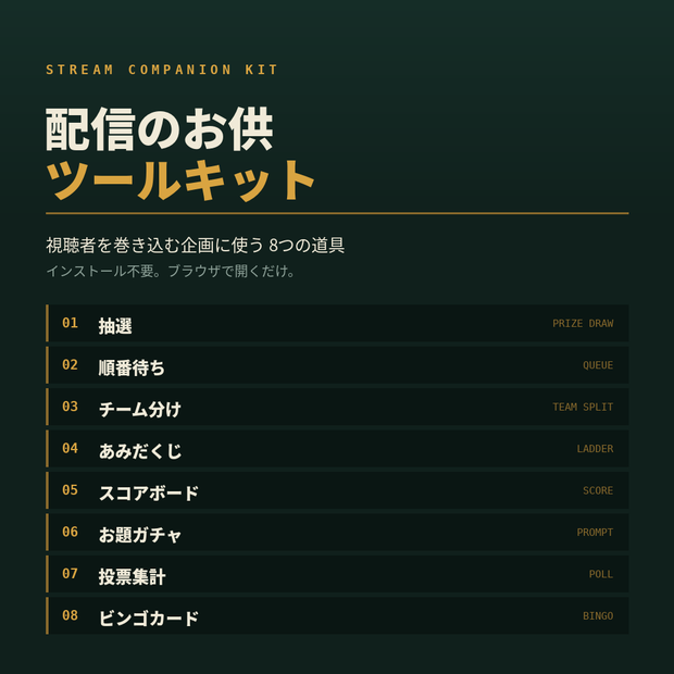 【無料ソフト不要】配信のお供ツールキット｜視聴者参加型の企画に使う8種のHTMLツール【インストール不要／ブラウザで動く】
