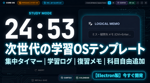 【Electron製】Study Core OS｜集中タイマー・学習ログ・復習メモ搭載の学習OSテンプレート