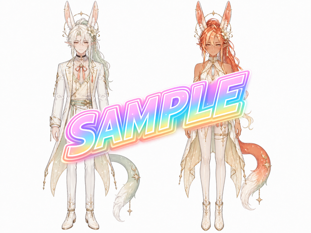 キャラクター立絵三面図+PSDデータ＜No.000006：星飾りとうさ耳が映える、幻想的で気高い光彩の男女ペア＞　[Free for a limited time] Character Stand-Up Illustrations (Three-View) + PSD Files