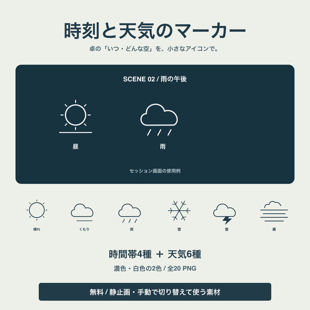 【無料】時刻と天気のマーカー｜10モチーフ・2色・20 PNG